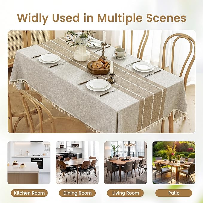 puredown® Rustic Rectangle Tablecloth, Waterproof Cotton Linen Tablecloth with Tassel, Wrinkle Free Farmhouse Table Cloths for Kitchen Dining Outdoor, 55"x70",4-6 Seats, Coffee
