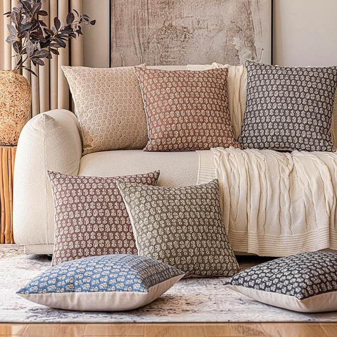 Foindtower Set of 2 Decorative Vintage Floral Print Throw Pillow Covers Neutral Modern Farmhouse Cushion Covers Boho Home Decor for Sofa Couch Chair Bedroom Living Room Outdoor,24×24 Inch,Rustic Gray