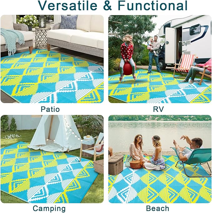 Beeiva Outdoor Rug Waterproof for Patio 6x9, Reversible Plastic Straw Mat for Camping, Modern Geometric Outside Rugs for Rv, Deck, Porch, Picnic, Beach, Balcony - Blue & Yellow