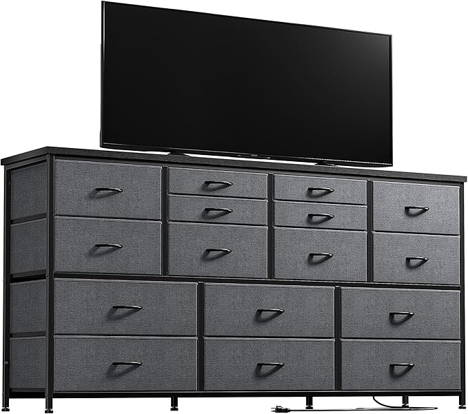 EnHomee Dressser for Bedroom Dresser with 16 Drawers TV Stand for Bedroom for 60" TV Long Dressers & Chests of Drawers Large Dresser with Charging Station, 51.5" W*11.7" D*34.6" H, Grey