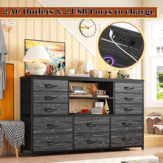 EnHomee Black Dresser with LED Lights & Power Outlets, 12 Drawers Dresser TV Stand for 60''TV Stand for Bedroom Fabric Dressers & Chest of Drawers, Sturdy Metal Frame, for Closet, Living Room,Hallway