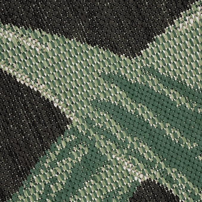 Tropical Outdoor Rug Palm Tree & Jungle Design Flatweave in Black Green, Size: 6'7" x 9'6"