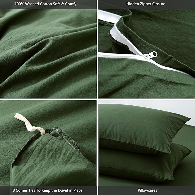 MooMee Bedding Duvet Cover Set 100% Washed Cotton Linen Like Textured Breathable Durable Soft Comfy (Solid Forest Green, Super King Plus 120"x120")