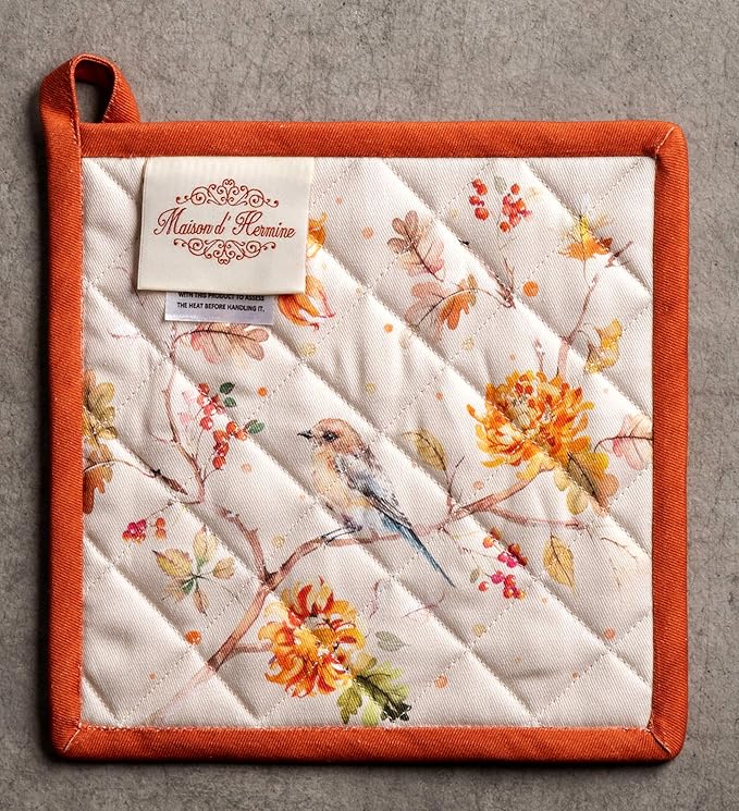 Maison d' Hermine Pot Holders Set 100% Cotton Heat Resistant Potholders 8" x 8" Hot Pads with Loop for Thanksgiving Christmas Decorations BBQ Baking Handling Hot Pans (Pack of 2, Kelim - Prairie)