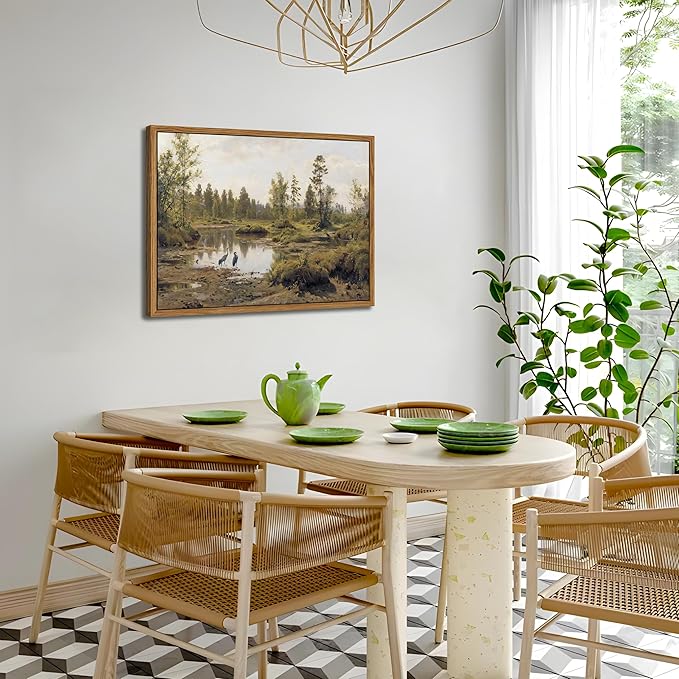 Floating Framed Canvas Wall Art Vintage Decor - Tranquil Marsh Landscape Wall Decor, Countryside Farmhouse Scenery Paintings Prints for Living Room Bedroom Office Decoration 8x10 inch