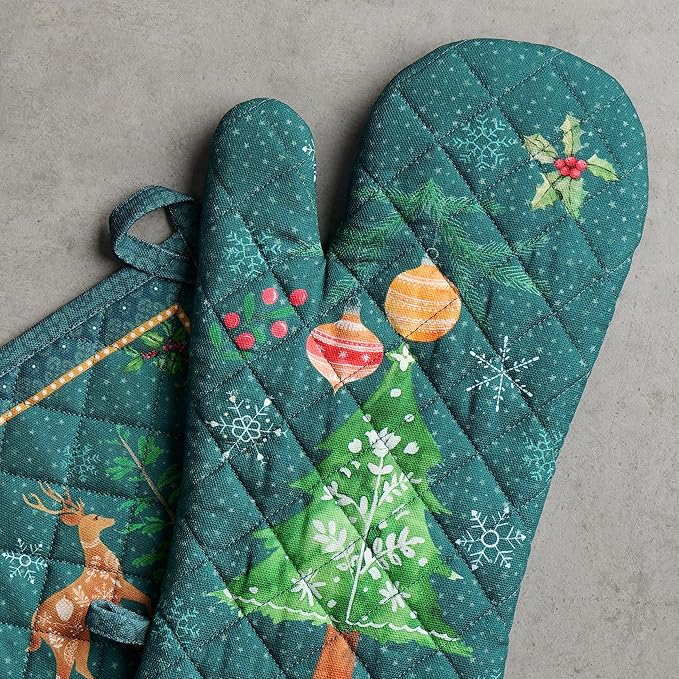 Maison d' Hermine 100% Cotton Oven Mitt & Pot Holder Set (7.5"x13" & 8"x8") Heat Resistant BBQ Cooking Gloves with Loop for Thanksgiving Christmas Decorations Handling Hot Pans (Hygge Christmas)