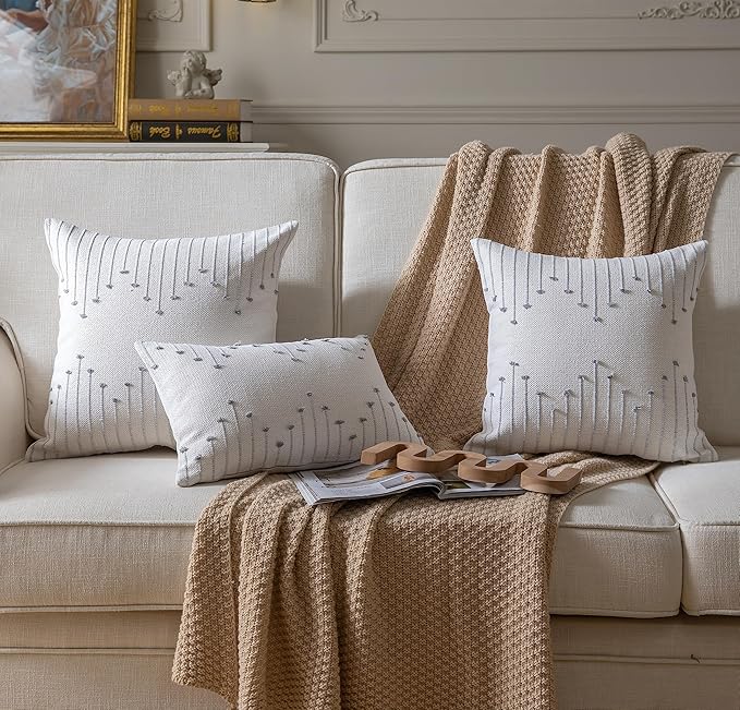 Caflife Boho Throw Pillow Covers 18x18 Set of 2 Decorative Pillows for Bed, Neutral Pillow Covers Beige with Grey Line Throw Pillows for Modern Farmhouse Couch Sofa Living Room Outdoor