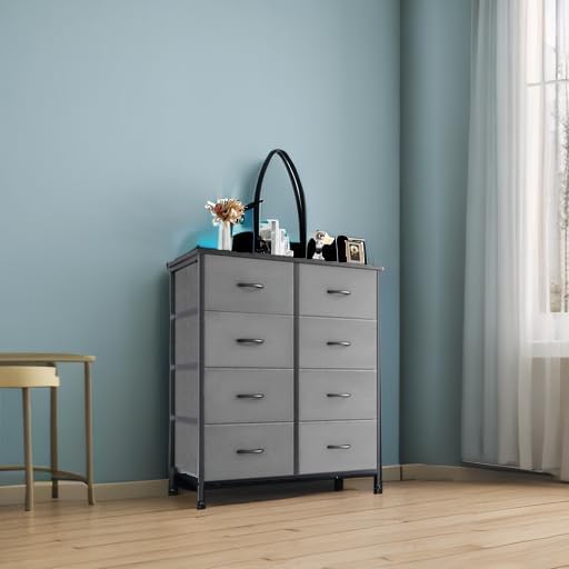 DUMOS Dresser for Bedroom with 8 Fabric Drawers, Tall Chest Organizer Units for Clothing, Closet, Kidsroom, Storage Tower with Cabinet, Metal Frame, Wooden Top, Lightweight Nursery Furniture, Grey