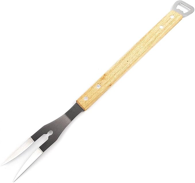 Grill-de-beast Stainless Steel Grill Fork with Engraved Wood Handle & Bottle Opener – 18" Long BBQ Tool for Grilling, Turning & Checking Doneness.