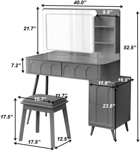 Merax Makeup Vanity Desk with Mirror and Lights, Vanity Table and Stool Set with Drawer & Movable Side Cabinet, Black Dressing Table for Bedroom with Mirror and 3 Color Modes