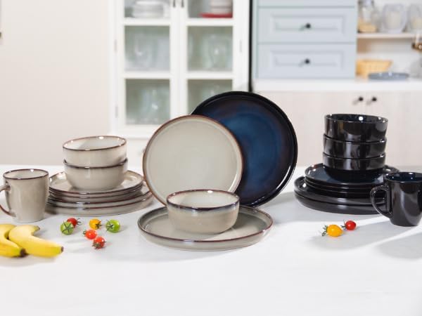 Romswi Ceramic 18Pcs Dinnerware Sets,Stoneware Plates and Bowls Set for 6, Chip & Scratch Resistant Dish Set, Handmade Reactive Glaze Plate Set, Oven, Microwave & Dishwasher Safe,Wheat Green