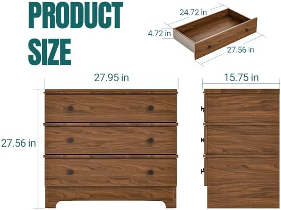 3 Drawer Nightstand with Charging Station, 28" Farmhouse Night Stand & Modern 3 Drawer Dresser for Bedroom,Wood Nightstands Storage Cabinet for Living Room, Hallway, Entryway, Home Office, Brown