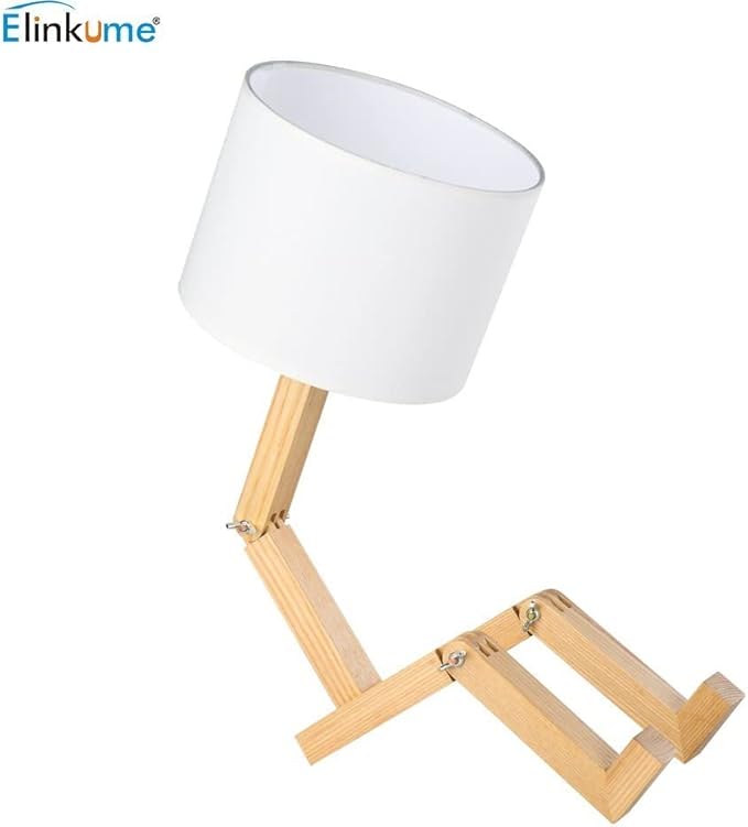 ELINKUME Robot Bedside Lamp, Fabric Lampshade Match Foldable Solid Wood Body, Creative E27 Screw Table Lamp for Bedroom Living Room