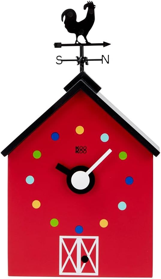 KOOKOO Red Barn Small, Farmhouse Clock with 12 Animal Sounds, a Rooster and a Rotating weathervane
