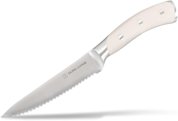 4-Piece Serrated Kitchen Steak Knife Set – Forged High Carbon Stainless Steel, Ultra Sharp, Ergonomic Black Handles, Durable Dinner Knives, Cream Handle