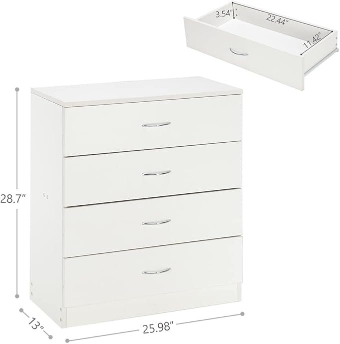 White Night Stand, Bedside Table/Nightstand with 4 Drawers, Compact Side Table for Bedroom, College Dorm & Living Room, Wooden End Table Bedroom