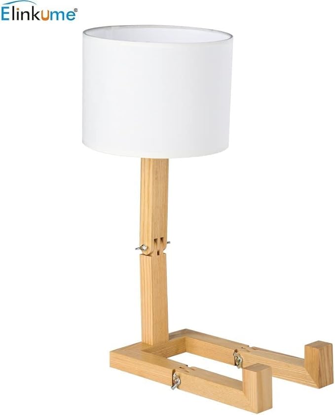 ELINKUME Robot Bedside Lamp, Fabric Lampshade Match Foldable Solid Wood Body, Creative E27 Screw Table Lamp for Bedroom Living Room