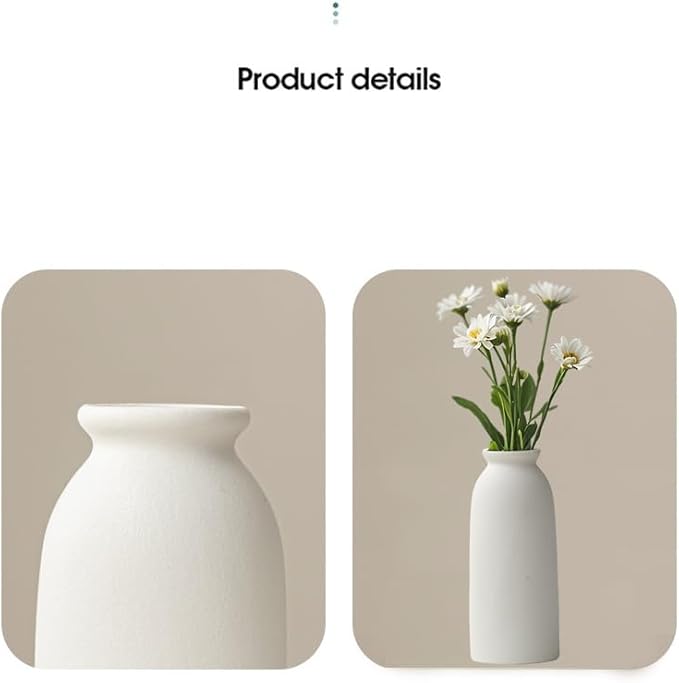 Ceramic Vase Set-3, Small Flower Vases for Decor, Modern Boho Farmhouse Style, Decorative Shelf Vases for Pampas Grass & Dried Flowers, Distressed Finish (White)