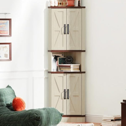 68.5" Tall Farmhouse Corner Cabinet with 4 Doors and 5 Storage Shelves, Farmhouse Storage Cabinet with Barn Door Design, Home Space Saver for Living Room, Kitchen