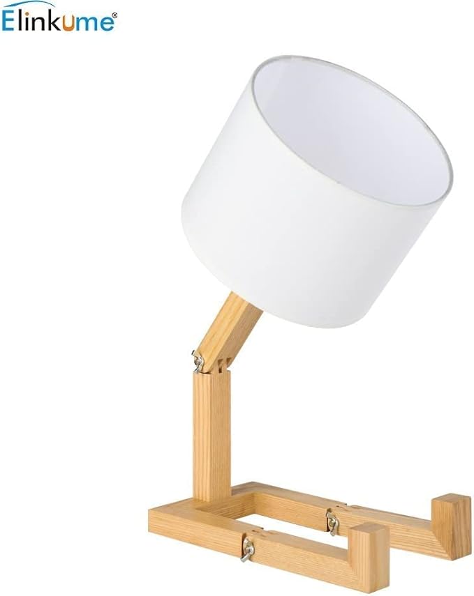 ELINKUME Robot Bedside Lamp, Fabric Lampshade Match Foldable Solid Wood Body, Creative E27 Screw Table Lamp for Bedroom Living Room