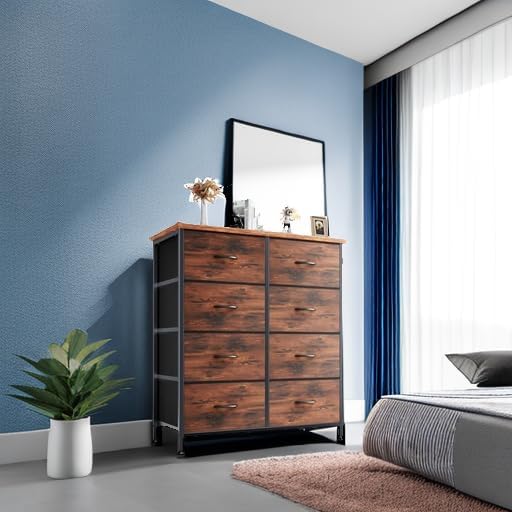 DUMOS Dresser for Bedroom with 8 Fabric Drawers, Tall Chest Organizer Units for Clothing, Closet, Kidsroom, Storage Tower with Cabinet, Metal Frame, Wooden Top, Lightweight Nursery Furniture, Brown