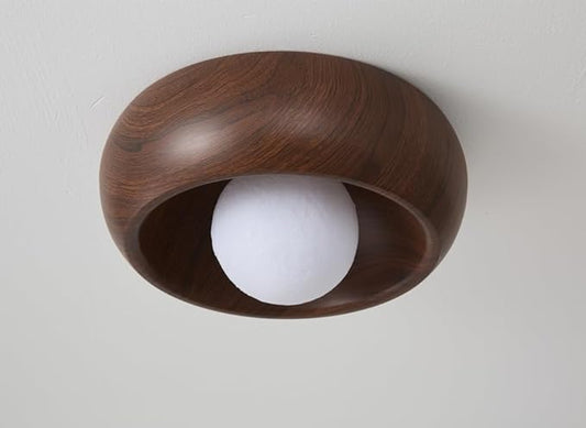 11.8 Inch Flush Mount Ceiling Light with 3D Printing Materials Moon Shade, Brown Imitation Wood Grain Modern Ceiling Light for Bedroom, Living Room, Hallway,Porch
