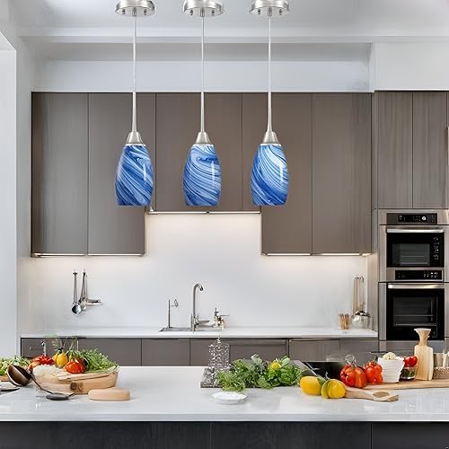 Mini Glass Pendant Light 1Pack Dark Blue Marble Art Glass Pendant Lights Kitchen Island Brushed Nickel Finish Hanging Light for Kitchen Over Sink,Dining Room,Foyer,Hallway