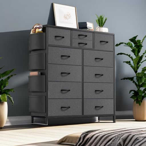 Lulive Dresser for Bedroom with 12 Drawers, Tall Dresser Chest of Drawers with Side Pockets and Hooks, Fabric Dresser Storage Tower for Closet, Hallway, Living Room (Dark Grey)