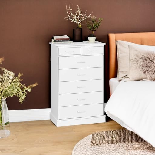 EPHEX White Tall Dresser with 7 Drawers for Bedroom, Storage Tower Clothes Organizer, Modern Chest of Drawers with Sturdy Pedestal, 27.6'' W x 15.8'' D x 44.1'' H