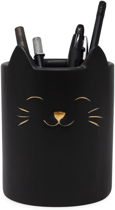 Isaac Jacobs Black Ceramic Cat Makeup Brush Holder, Multi-Purpose Cup Organizer. Bathroom, Kitchen, Bedroom, Office Décor (Single Cup, Matte Black)