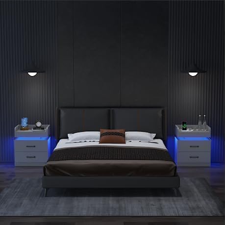 Nightstand with Charging Station, Night Stand with LED Lights, Modern Led End Table, Nightstands Set of 2, Night Stand with 2 Drawers, Bed Side Table with Storage for Living Room (2, Grey)