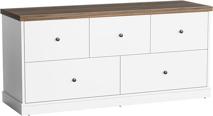 JUMMICO Dresser for Bedroom, Wide Chest of Drawers with 5 Wood Dresser Drawers, TV Stand, Modern Design for Bedroom, Living Room, Hallway, and Entryway (Light White)