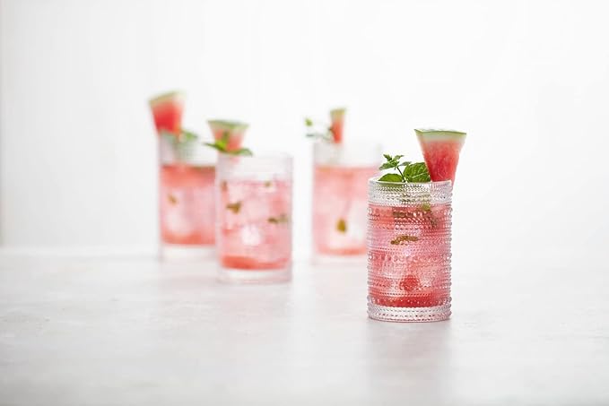 Fortessa Jupiter Beaded Hobnail Glass, 13 Ounce Iced Beverage (Set of 4), Pink