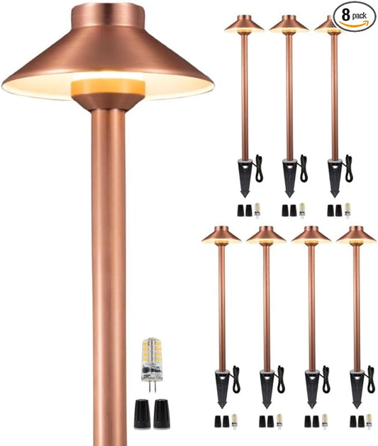 Brass Low Voltage Copper Garden Lights, Outdoor Pathway Light, 12V LED AC/DC Bronze Hat Top Path Lamp for Sideway House Walkway with 3W 270LM 5000K G4 Bulb 8 Pack