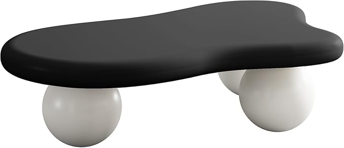 47 Inch Cloud Shaped Coffee Table with 3 Ball Legs for Living Room Black Top White Legs