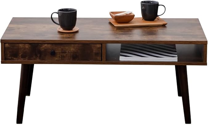 EMOOR Wooden Small Coffee Table with Storage Rectangle Medium (35.4"x17.7") Rustic Brown, Floor Sitting Low Table Small Space Minimalist Japanese Tatami Room