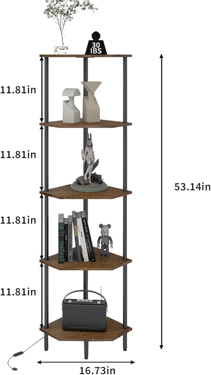 5 Tier Corner Shelf with LED Light,Tall Standing Shelf Organizer,Narrow Bookshelf,The Classic Combination of Rustic Brown and Black Standing Bookcase,Suitable for Bedroom,Living Room,Kitchen