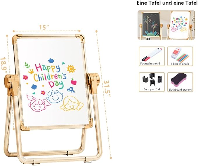 Adjustable Kids Drawing Easel with Magnetic Whiteboard&Chalkboard Double Sided Drawing Board Easy to Clean 360 ° Rotating, Ideal Christmas Gift for Children 36+ Months（31.5"X15"）
