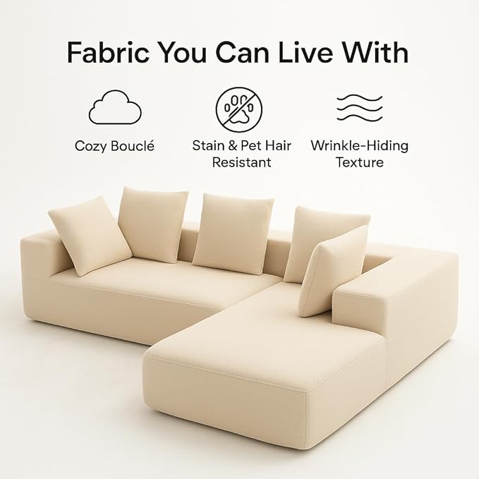 KEIKI L-Shape Cloud Sectional Sofa, 96” Modern Modular Boneless Couch with Left Chaise Lounge, Upholstered Couches for Living Room Bedroom, Beige