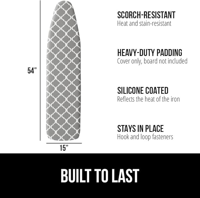 The Original GORILLA GRIP Ironing Board Cover and Pad, Silicone Coating, Thick Scorch Resistant Padding, Heavy Duty Iron Covers Standard Boards, Hook and Loop Fastener Strap, Quatrefoil, 15x54