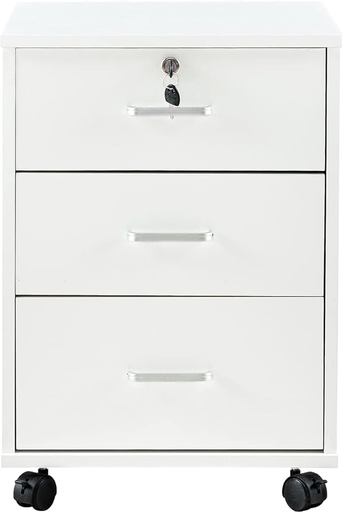 Mobile File Cabinet with Lockable Drawer, 3-Drawers Under Desk Storage Cabinet with 360°Swivel Wheels, Wooden Stationery Storage Cabinet for Legal/Letter/ A4 Documents (White)