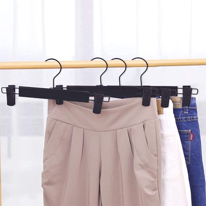 Pants Hangers with Clips, Skirt Hangers, 360 ° Swivel Hooks Space Saving Hanger for Pants, Skirts, Clothes, Jeans (10Pack, Black)