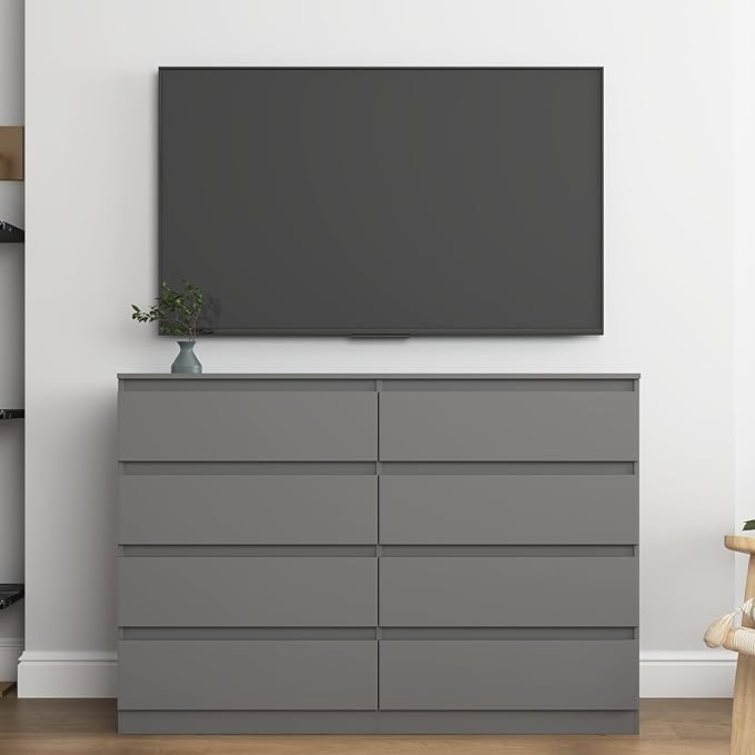 Grey Dresser for Bedroom,Modern Large 8 Drawer Dresser with Deep Drawer,Wide Storage Chest of Drawer,Wood Bedroom Storage Organizer Furniture,TV Stand for Living Room