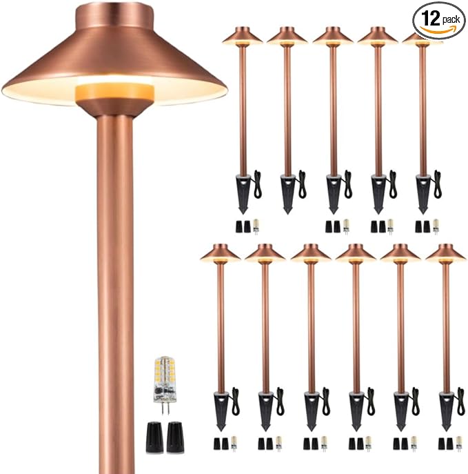 Waterproof Low Voltage Walkway Lights, Brass Copper Outdoor Pathway Light, IP65 LED Bronze Hat Top Sideway Lamp for Driveway Backyard Patio with 3W 270LM 4000K G4 Bulb 12 Pack