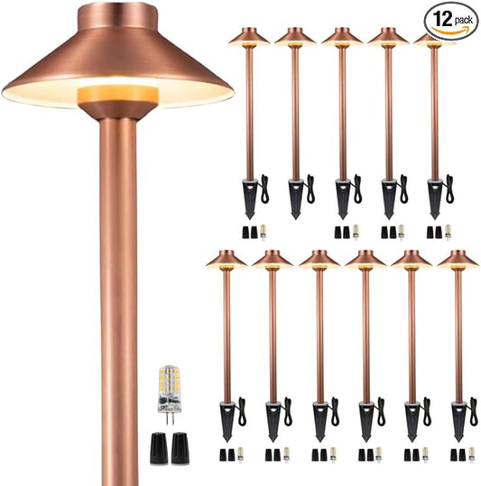 Waterproof Low Voltage Walkway Lights, Brass Copper Outdoor Pathway Light, IP65 LED Bronze Hat Top Sideway Lamp for Driveway Backyard Patio with 3W 270LM 5000K G4 Bulb 12 Pack