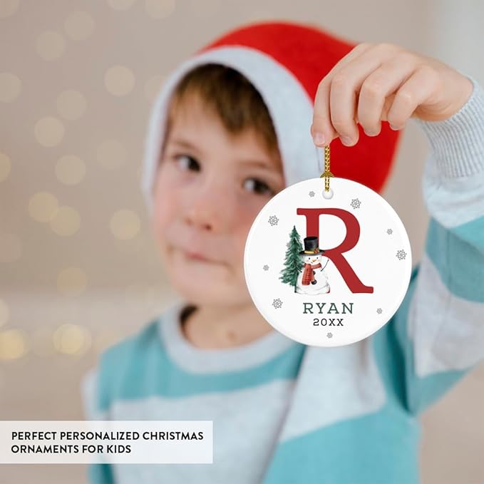 Andaz Press Personalized Christmas Ornaments, Custom Name, Initial R Monogram Snowman 2.8" Ceramic Porcelain 2025 Christmas Ornament Keepsake for Kids, Boys, Girls, 1-Pack Initial Ornaments