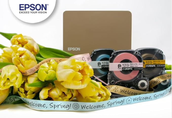 Epson LABELWORKS 212RBBPX Genuine PET (Polyester) Tape Cartridge - Black on Blue Ribbon Designer Craft Label Maker Tape - 1/2" (12MM) Wide, 16'