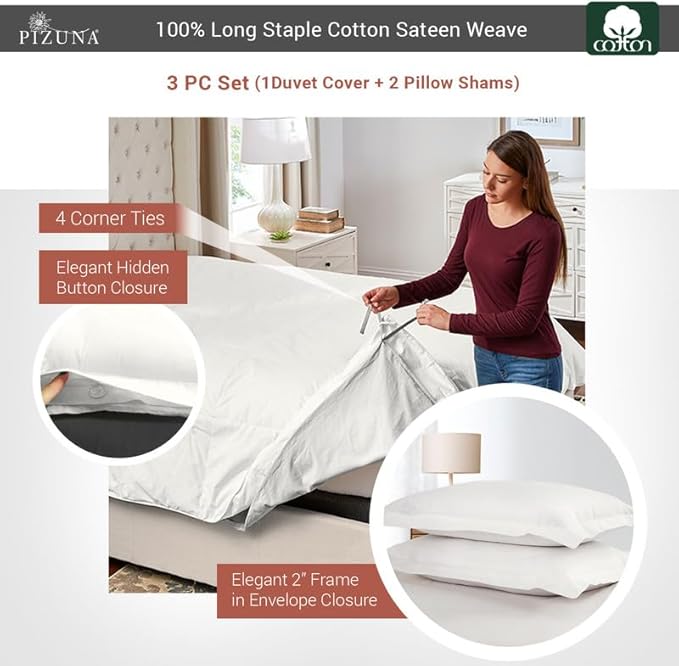Pizuna Pure 100% Cotton Queen Duvet Cover Set, Luxurious 400 Thread Count Long Staple Cotton Sateen Weave with Button Closure (Combed Off White Cotton Duvet Cover Queen)
