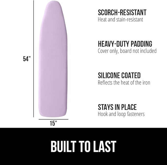 The Original GORILLA GRIP Ironing Board Cover and Pad, Silicone Coating, Thick Scorch Resistant Padding, Heavy Duty Iron Covers Standard Boards, Hook and Loop Fastener Strap, Light Purple, 15x54