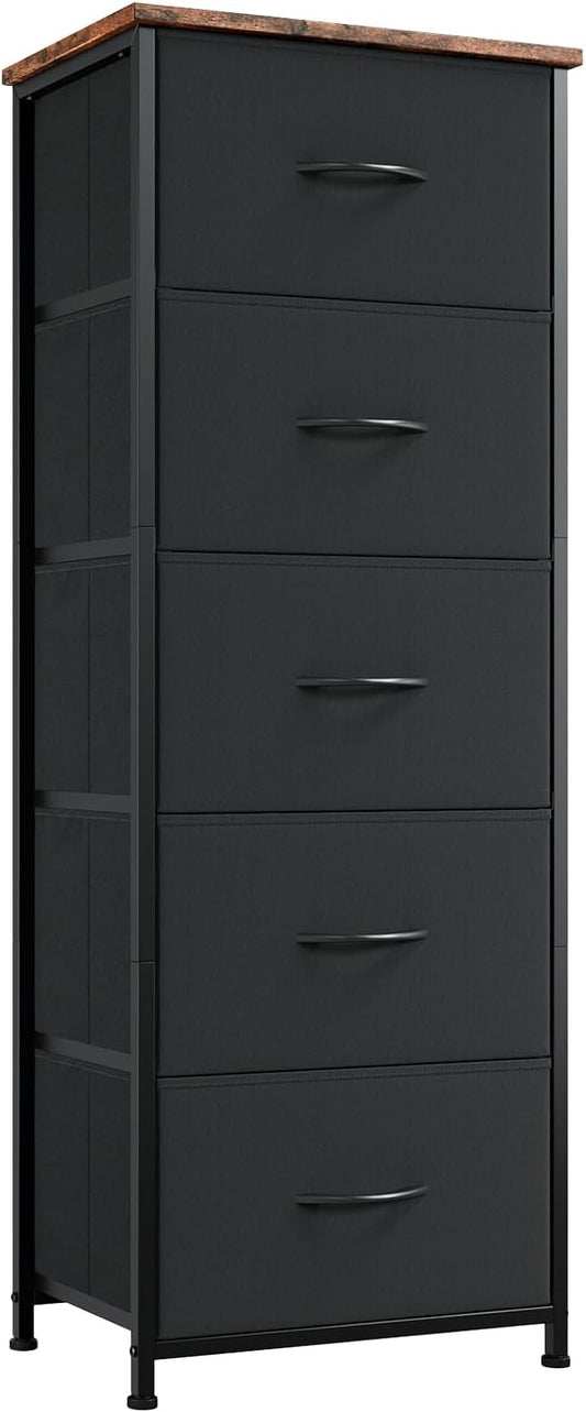 Somdot Tall Dresser for Bedroom with 5 Drawers, Storage Organizer Chest of Drawers with Removable Fabric Bins for Closet Bedside Nursery Laundry Living Room Entryway Hallway, Black Rustic Brown